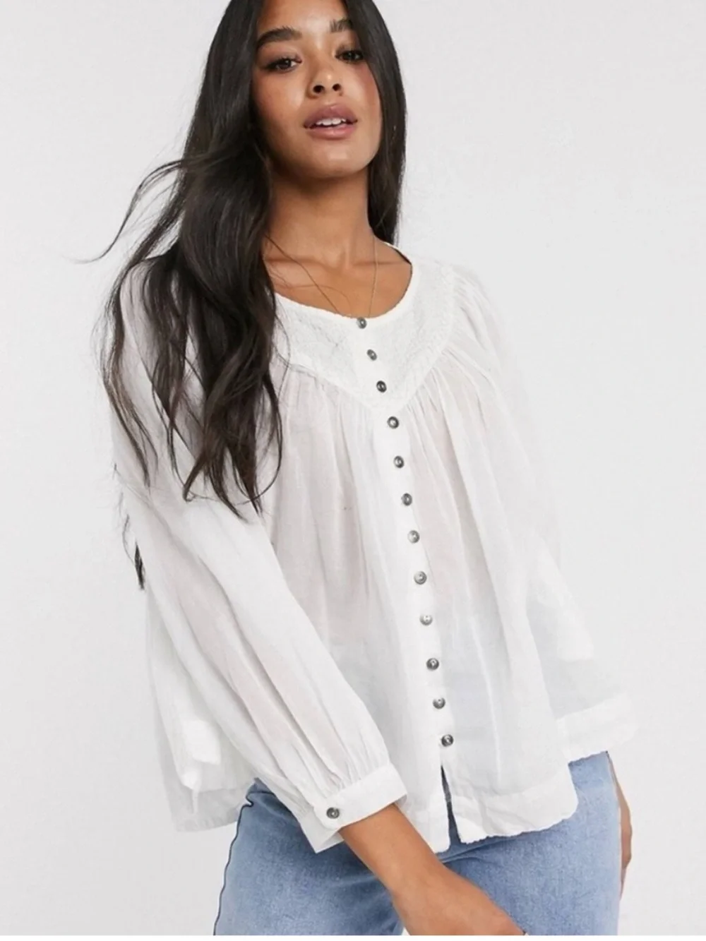 Free People Cool Meadow Blouse Top sheer flowy oversized cottage peasant XS - Picture 2 of 9